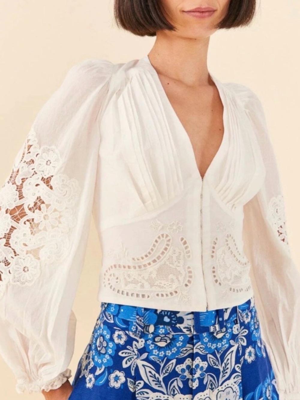 FARM Rio white cotton Eyelet Puff-Sleeve Blouse - Picture 11 of 12